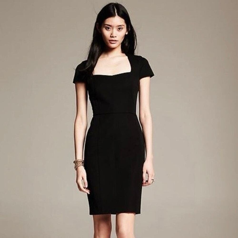 Banana Republic Black Square Neck Short Cap Sleeve Knee Length Sheath Dress 2